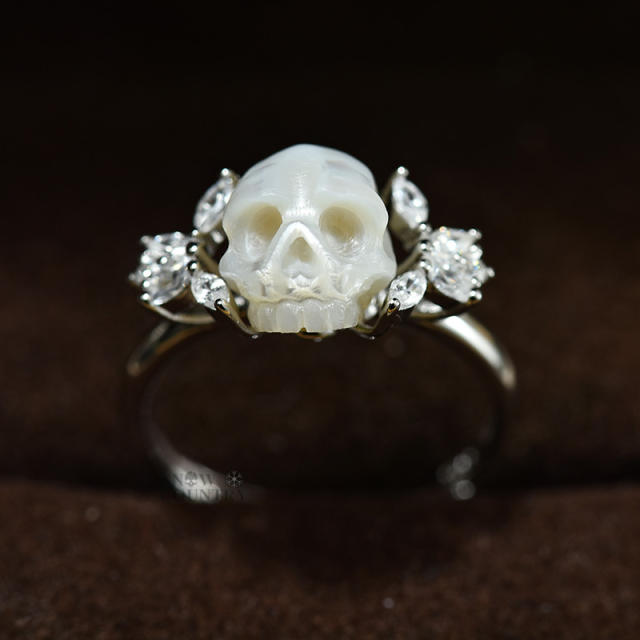 Pearl Skull Ring Hand Carved Gothic Sterling Silver Statement Band for Wedding Gift