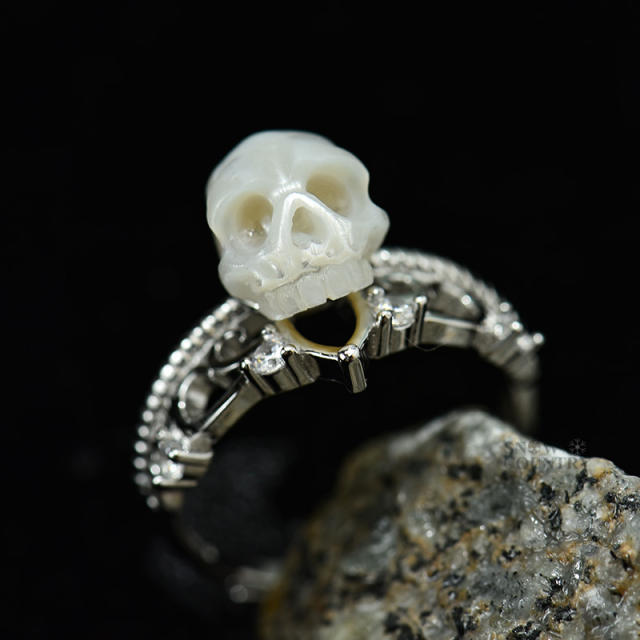 Skull Ring Gothic Hand Carved Pearl for Her Crown Sterling Silver Jewelry Wedding Gift