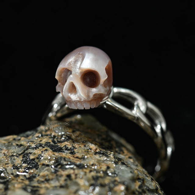 Skull Ring Carved Pearl Gothic Jewelry Sterling Silver for Women Wedding Gift