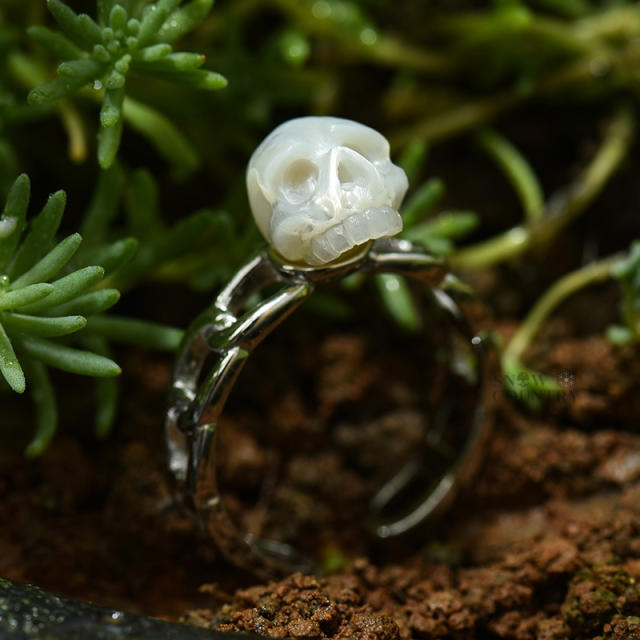 Skull Ring Carved Pearl Gothic Jewelry Sterling Silver for Women Wedding Gift