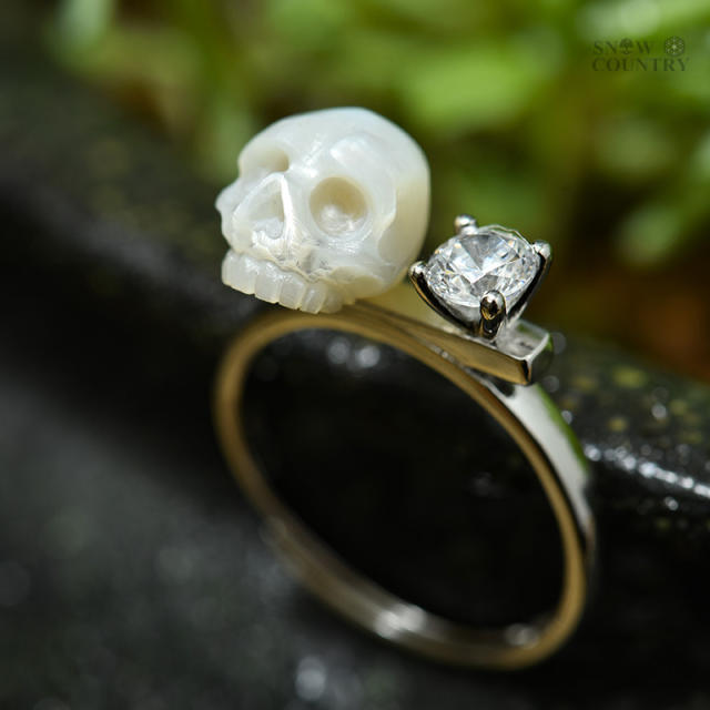 Skull Ring Gemstone Engraving Pearl Gothic Sterling Silver Custom Wedding Gift