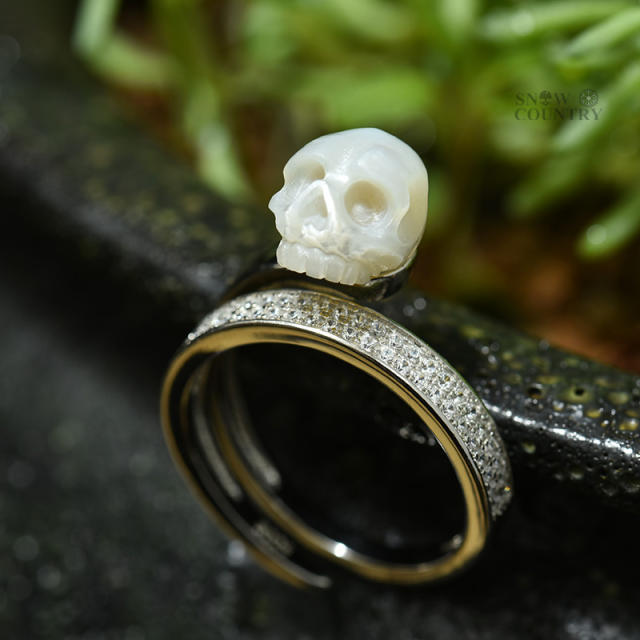 Skull Ring Carved Birthstone Pearl Sterling Silver Unique Handmade Jewelry Gift
