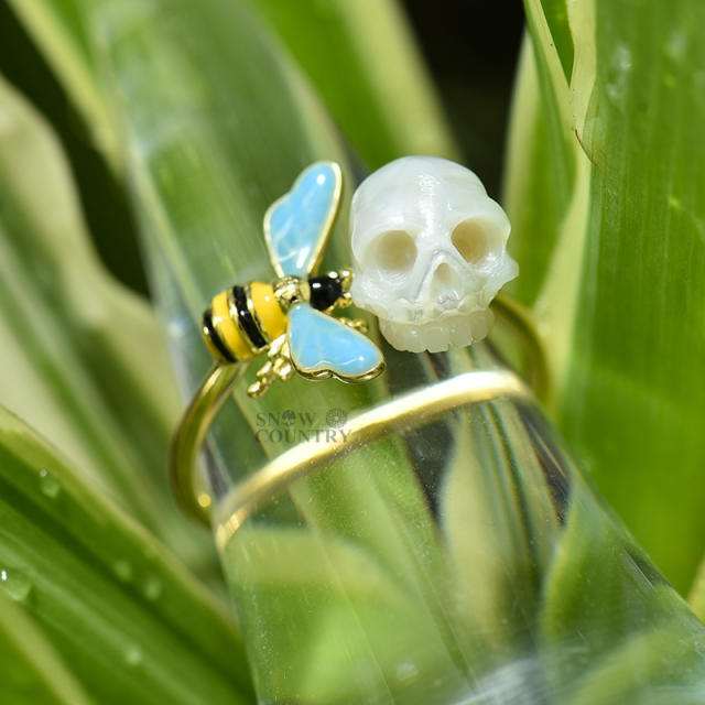 Skull Ring Hand Carved Pearl Goth Jewelry for Girl Honeybee Silver Birthday Gift