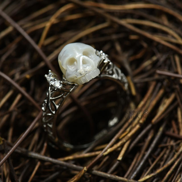 Skull Ring Gothic Hand Engraved Pearl for Wedding Vintage Silver Special Gift