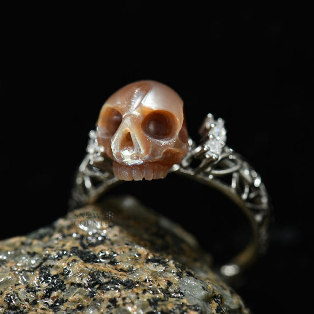 Skull Ring Gothic Hand Engraved Pearl for Wedding Vintage Silver Special Gift
