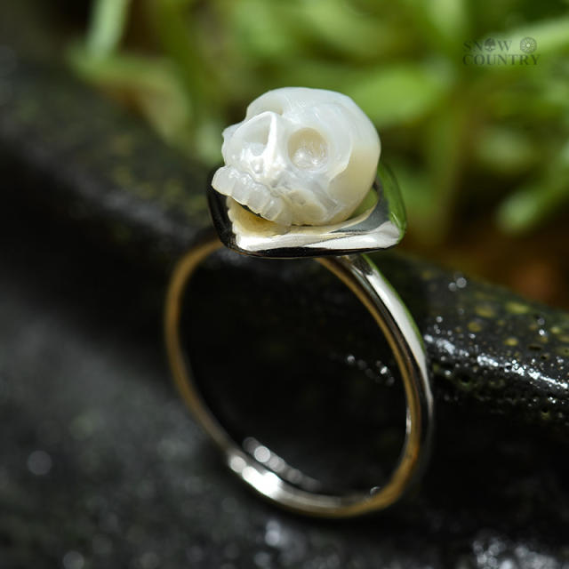 Skull Ring Hand Carved Pearl Jewelry Sterling Silver for Women Goth Personalized Gift