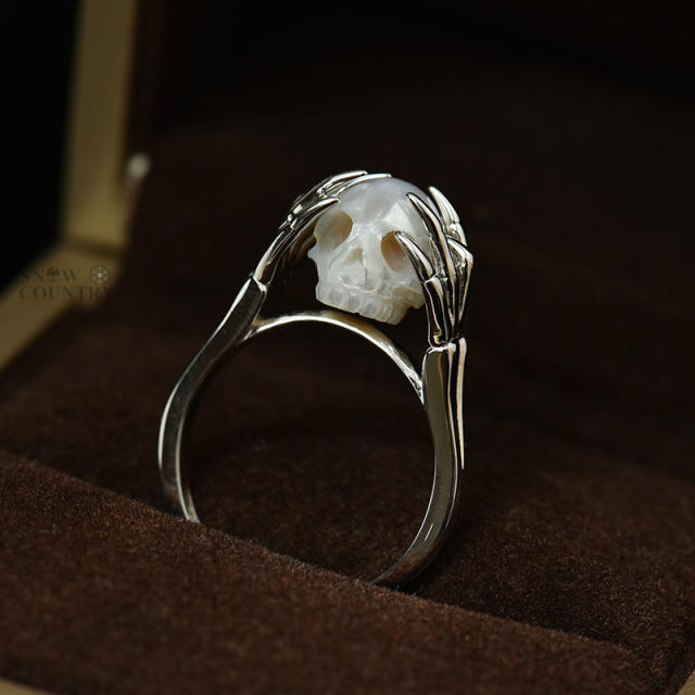 Pearl Skull Ring for Women Unique Hand Carved Silver Gothic Jewelry for Wedding