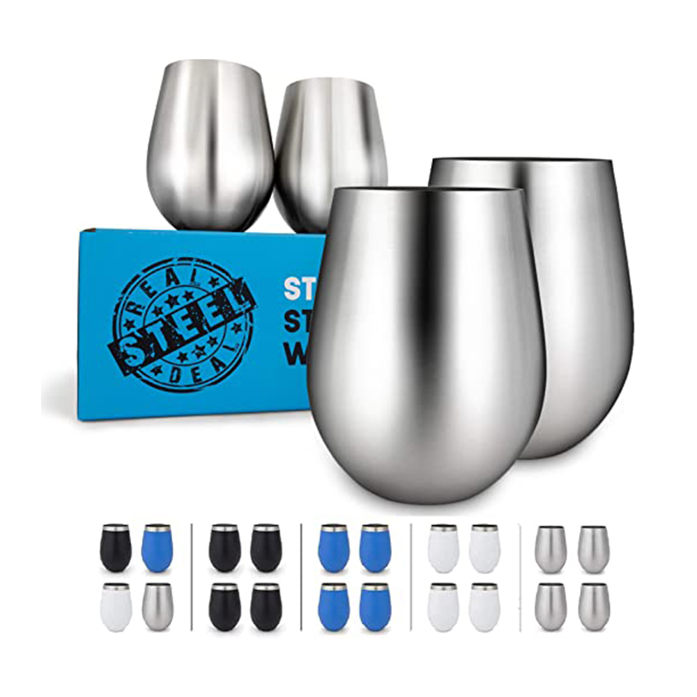 Stainless Steel Wine Glasses: Large 18 Oz Set of 4 Stemless Metal Wine Glass Set with No Lids