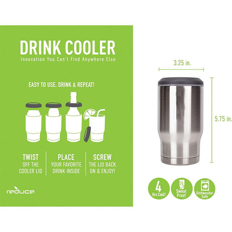Reduce Can Cooler – 4-in-1 Stainless Steel Can Holder and Beer Bottle Holder, 4 Hours Cold – The Drink Cooler For 12 oz Slim Cans, Regular Cans, Bottles and Mixed Drinks – Stainless Steel