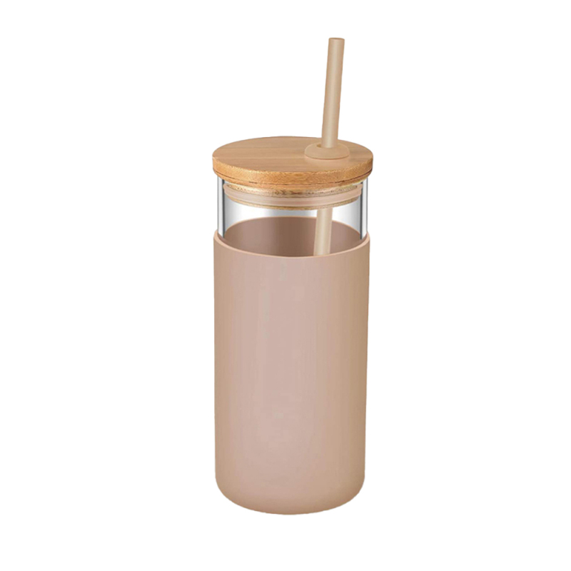 Eco friendly Glass Water Tumbler 20oz Water Bottle Straw Silicone Protective Sleeve Bamboo Lid BPA Free