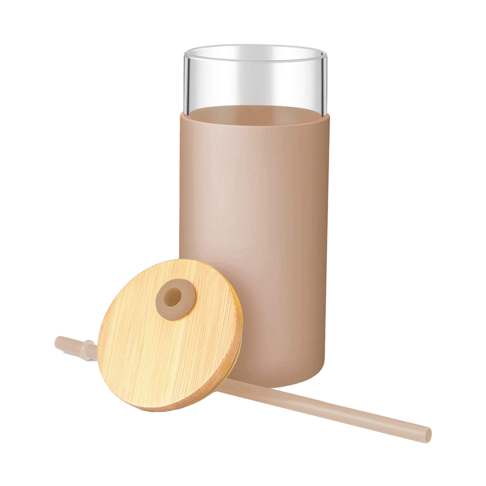 Eco friendly Glass Water Tumbler 20oz Water Bottle Straw Silicone Protective Sleeve Bamboo Lid BPA Free