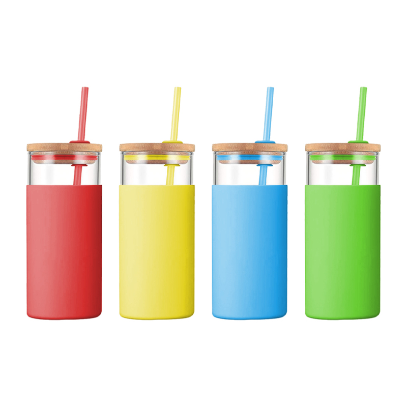 Eco friendly Glass Water Tumbler 20oz Water Bottle Straw Silicone Protective Sleeve Bamboo Lid BPA Free