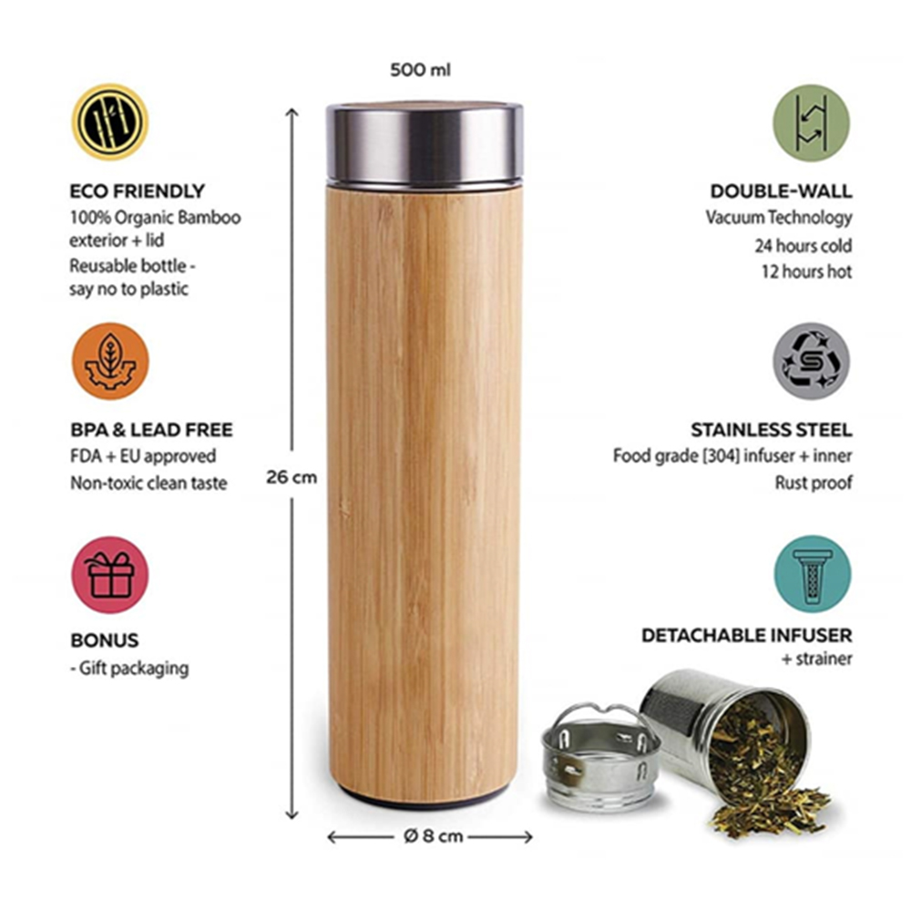 Hot sale 350ML 400ML 500ML double wall Stainless steel bamboo water bottle