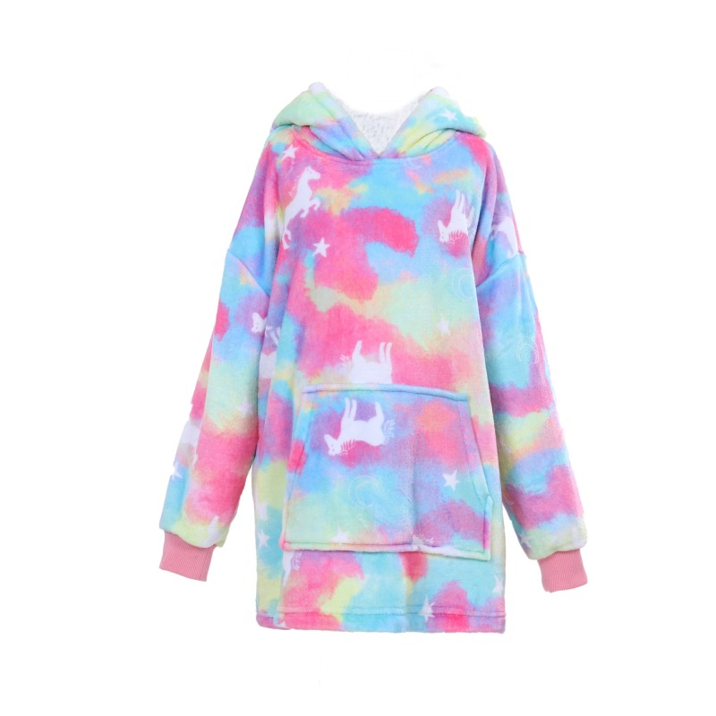 Tie Dye Kid's 3D Holiday Halloween Unicorn Printed Flannel Plush Wearable Hooded Blanket