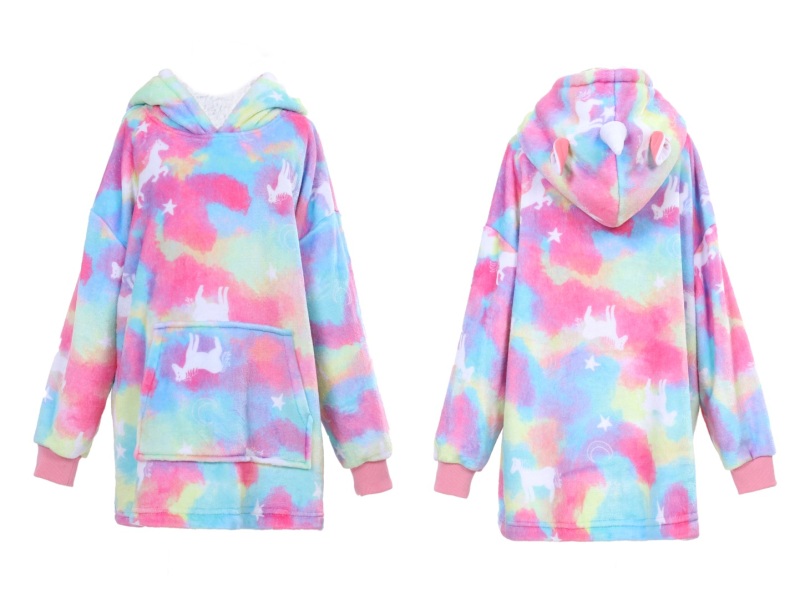 Tie Dye Kid's 3D Holiday Halloween Unicorn Printed Flannel Plush Wearable Hooded Blanket