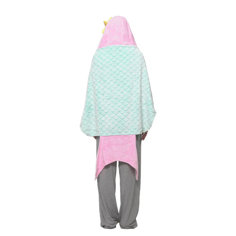 Backprint Sheared Mermaid Design Flannel Plush Poncho