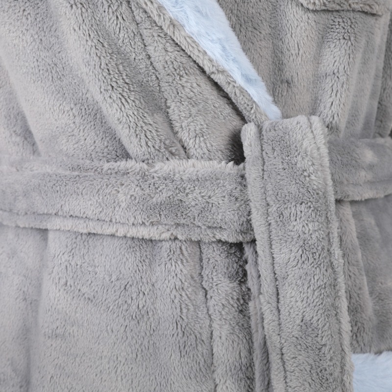 Unisex Classic Flannel Plush Hoody Robe with Rabbit Hair Collar & Cuff