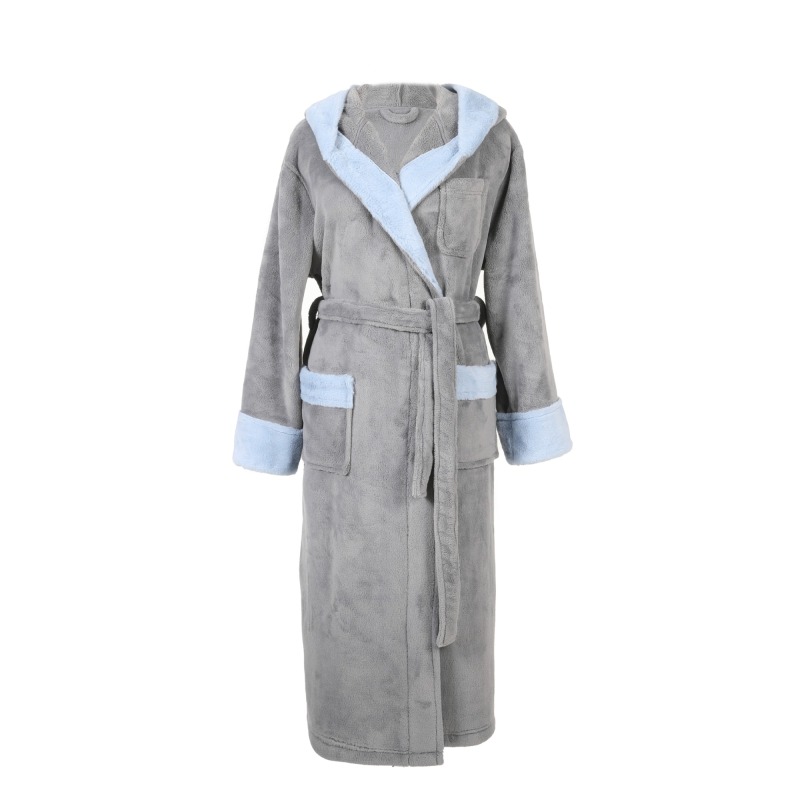 Unisex Classic Flannel Plush Hoody Robe with Rabbit Hair Collar & Cuff