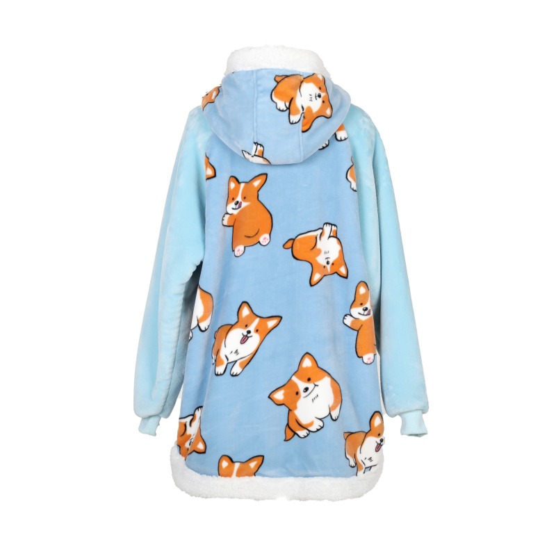 Animals Printing Adult's Zipper Flannel Plush Wearable Hooded Blanket