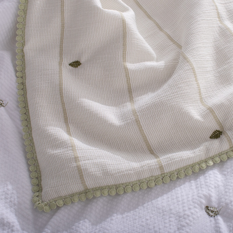Poly Gauze Yarn Dyed Quilt with Embroidered Lace Trim