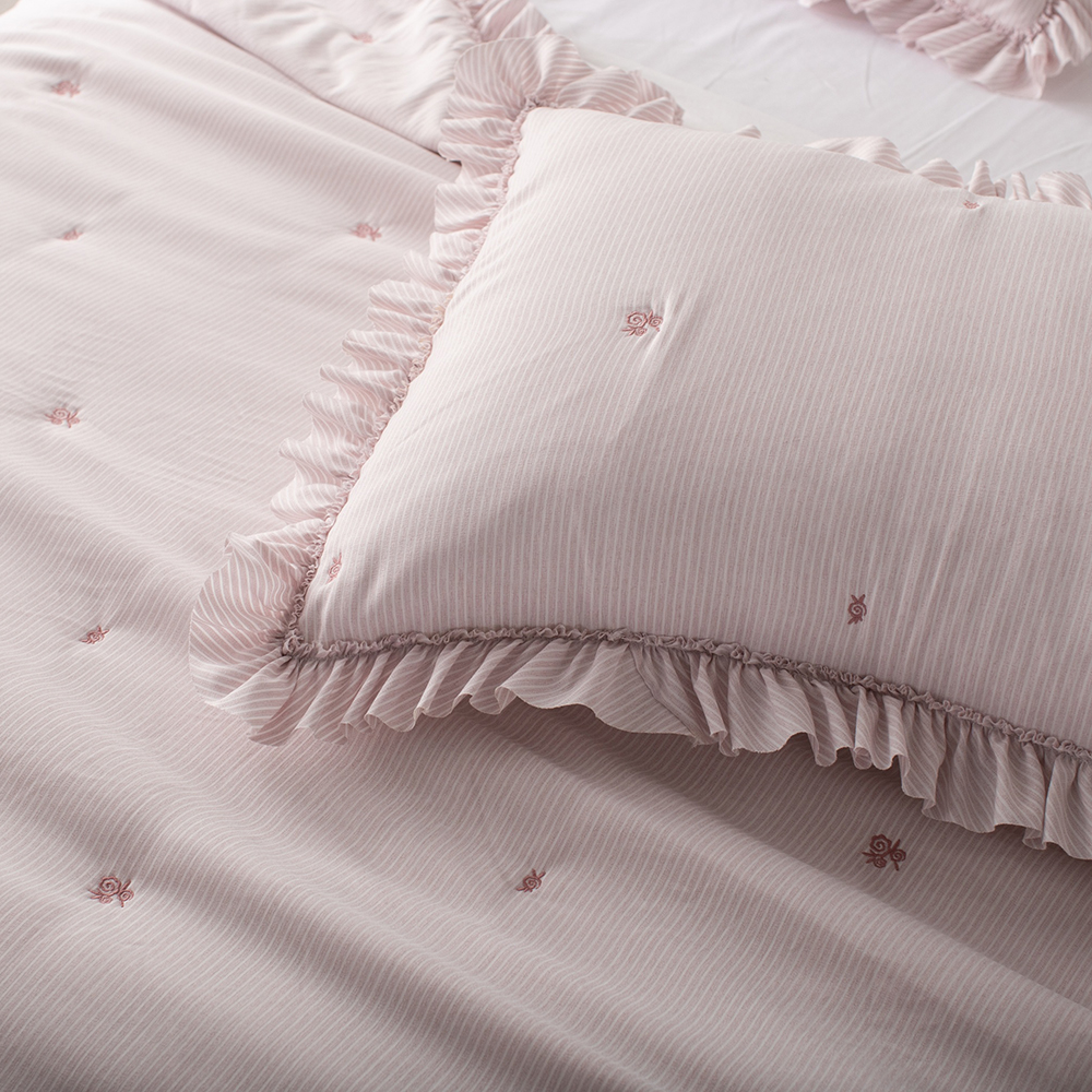 Ruffled Striped Polyester Quilt Set