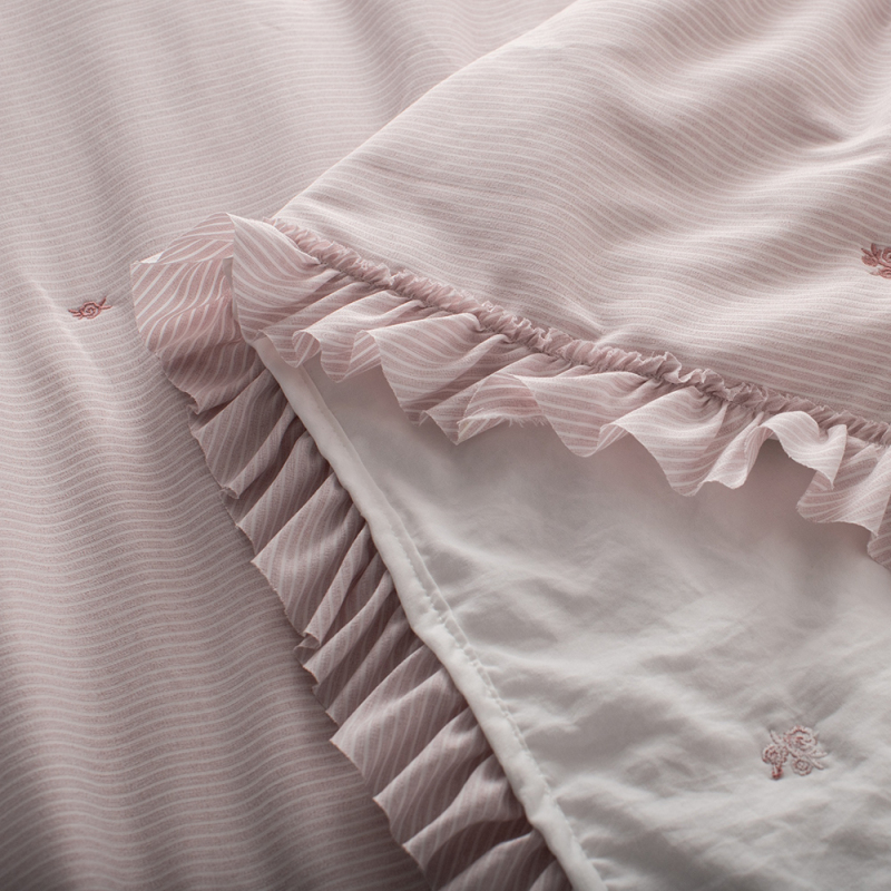Ruffled Striped Polyester Quilt Set