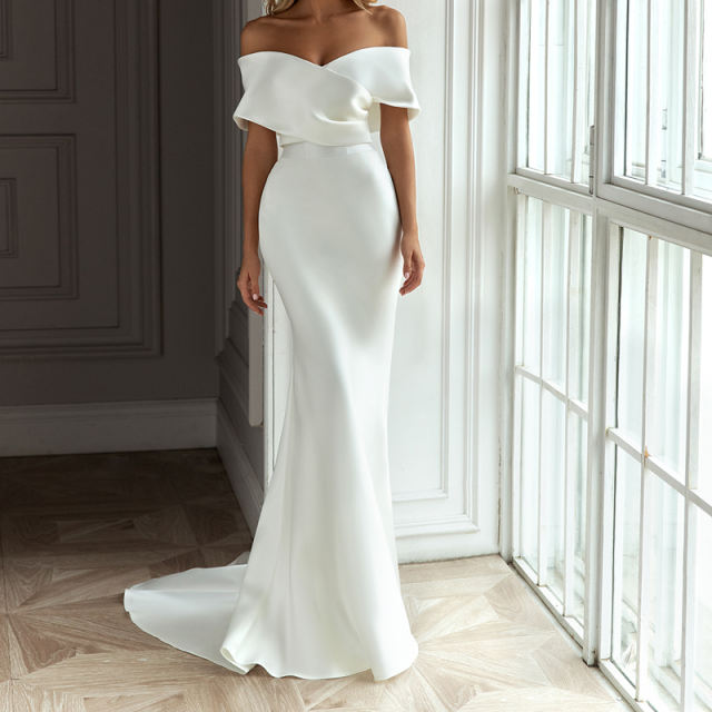 OFF Shoulder design mermaid wedding dress with high quality satin crepe bridal gown detachable train