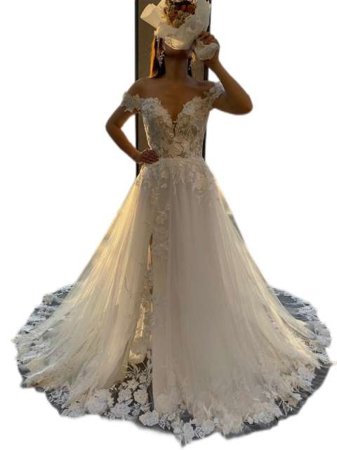 off shoulder straps v neck wedding dress bridal gown with open slit skirt wedding dress