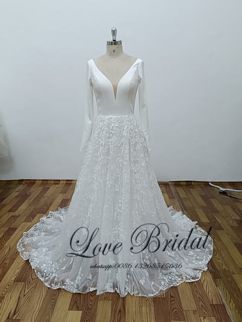 LONG SLEEVE V NECKLINE LACE WEDDIING DRESS, A LINE BRIDAL GOWNS