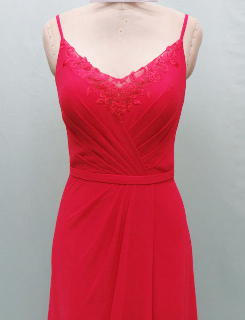 RED COLOR CHIFFON BRIDEMAID DRESS , V NECK A line evening dress