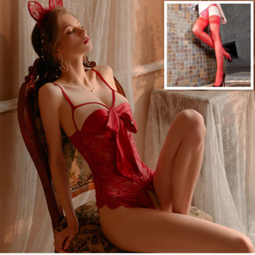 Sexy lingerie no take off tease sexy bow small chest tight coquettish passion open file temptation Jumpsuit