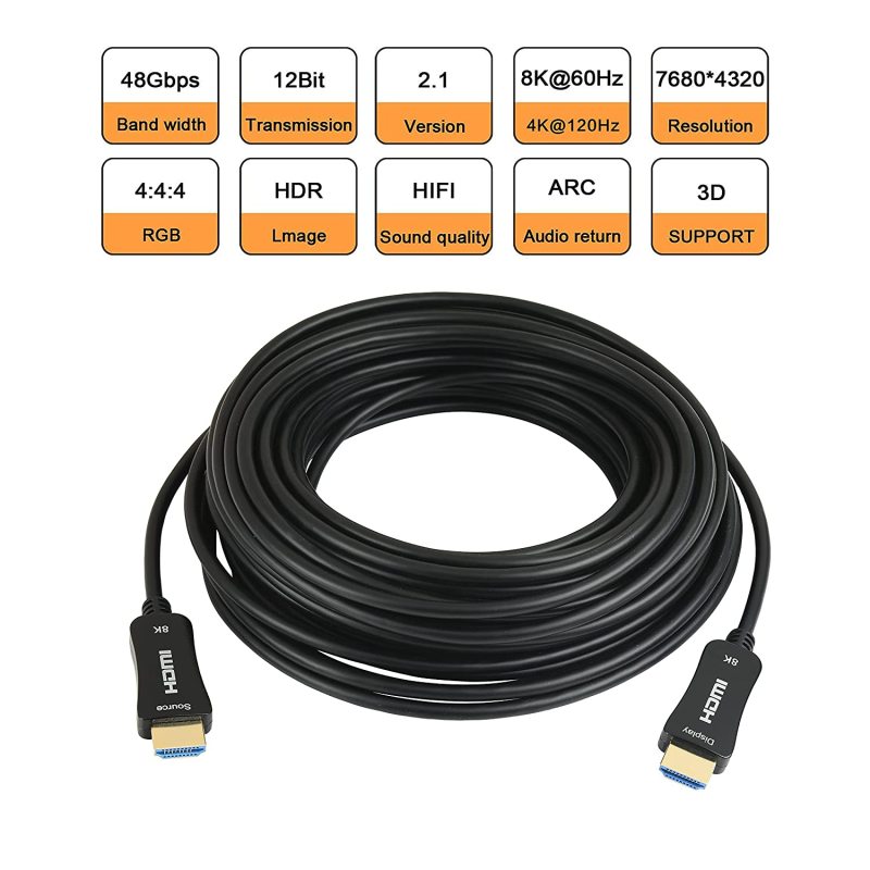 iBirdie 8K Fiber Optic HDMI 2.1 Cable 50 Feet 8K60hz 4K120hz 4K144hz HDCP  2.3 2.2 48Gbps Ultra High Speed Compatible with Apple-TV Dolby Vision Atmos