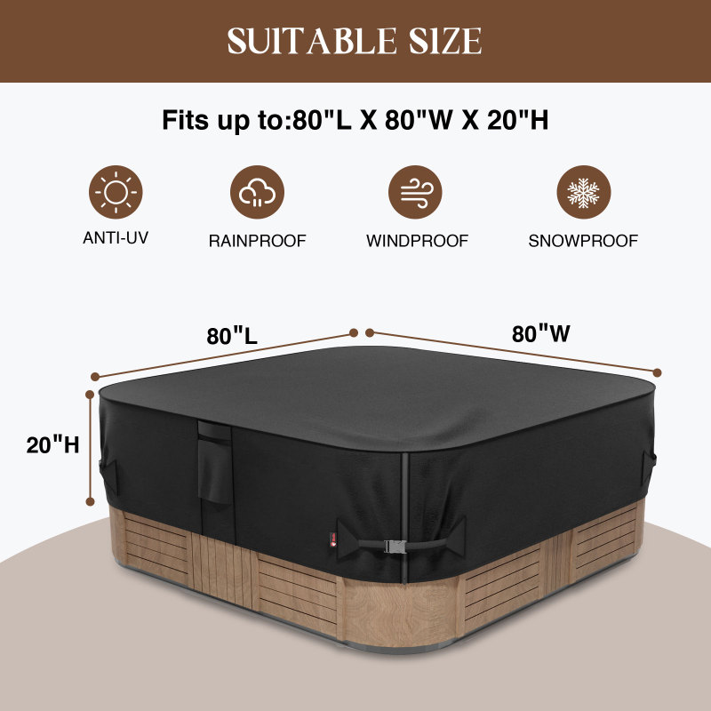 iBirdie Outdoor Waterproof and Weatherproof Hot Tub Cover 80 x 80 inch 600D Heavy Duty Jacuzzi Square Cover Protector SPA Protective Cover Cap