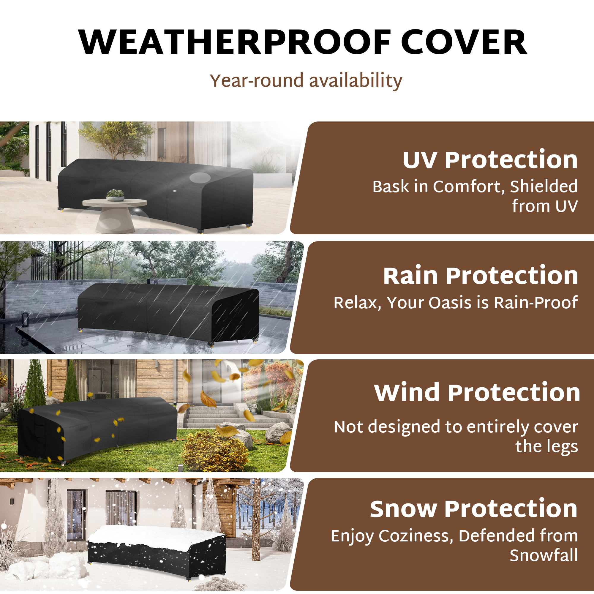 iBirdie Outdoor Sectional Cover for 190''Back 128" Front Curved Shaped Patio Sofa Waterproof Weatherproof 600D Heavy Duty Garden Furniture Cover Outside Sectional Couch Cover
