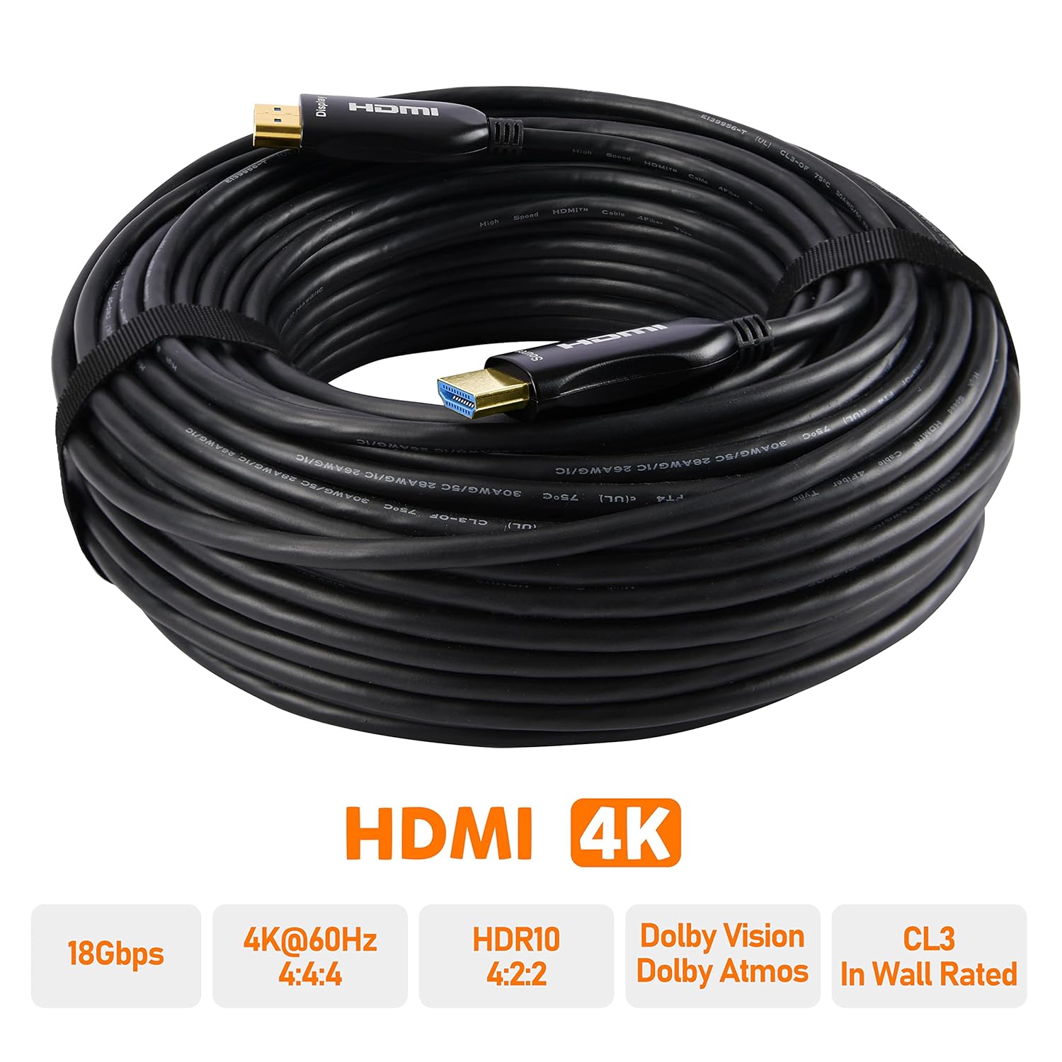 iBirdie 4K Fiber Optic HDMI Cable 75FT/23M CL3 in-Wall Rated 4K60Hz (4:4:4 RGB HDR10 18Gbps HDCP2.2 CEC) 1440p165Hz High Speed Ultra HD Directional Active Cord Compatible with Apple-TV PS4 Xbox