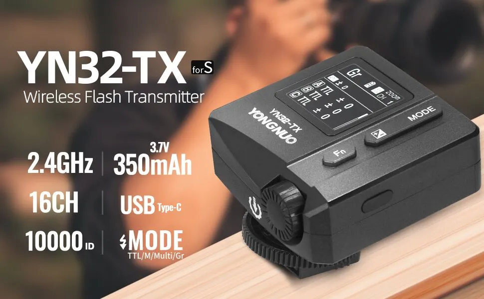Front view of the YN32-TX Wireless Flash Transmitter with its TFT-LCD screen.