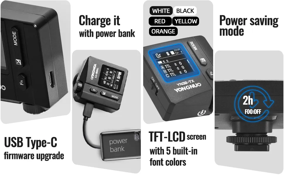 Diagram illustrating the 60m transmission range of the YN32-TX transmitter, showing it controlling various Yongnuo flash units.