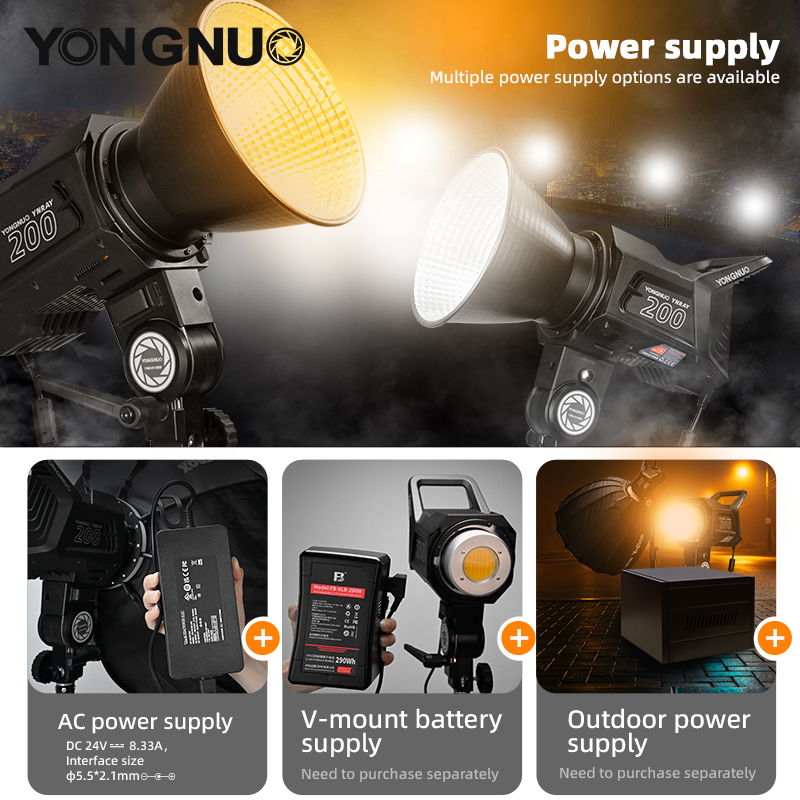 YNRAY200 Professional Studio Light, 200W, 2700K~6500K COB Lamp Bead with Bowens Mount, SSI≥96, support APP control and DMX control mode