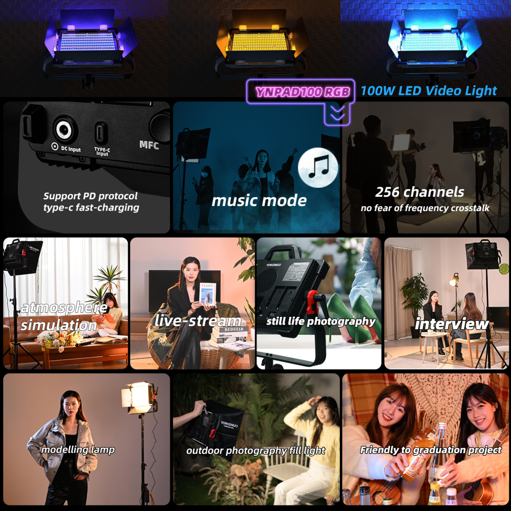 YNPAD100，RGB full color video light, 2000~10000K, constant 100W, APP control, 4 power supply modes, available indoors and outdoors