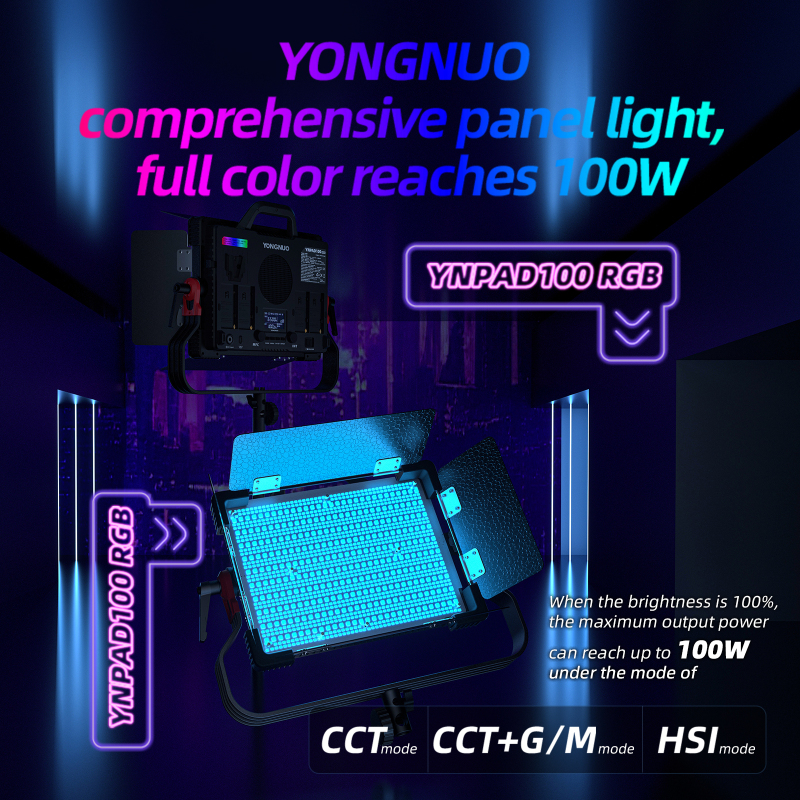 YNPAD100，RGB full color video light, 2000~10000K, constant 100W, APP control, 4 power supply modes, available indoors and outdoors
