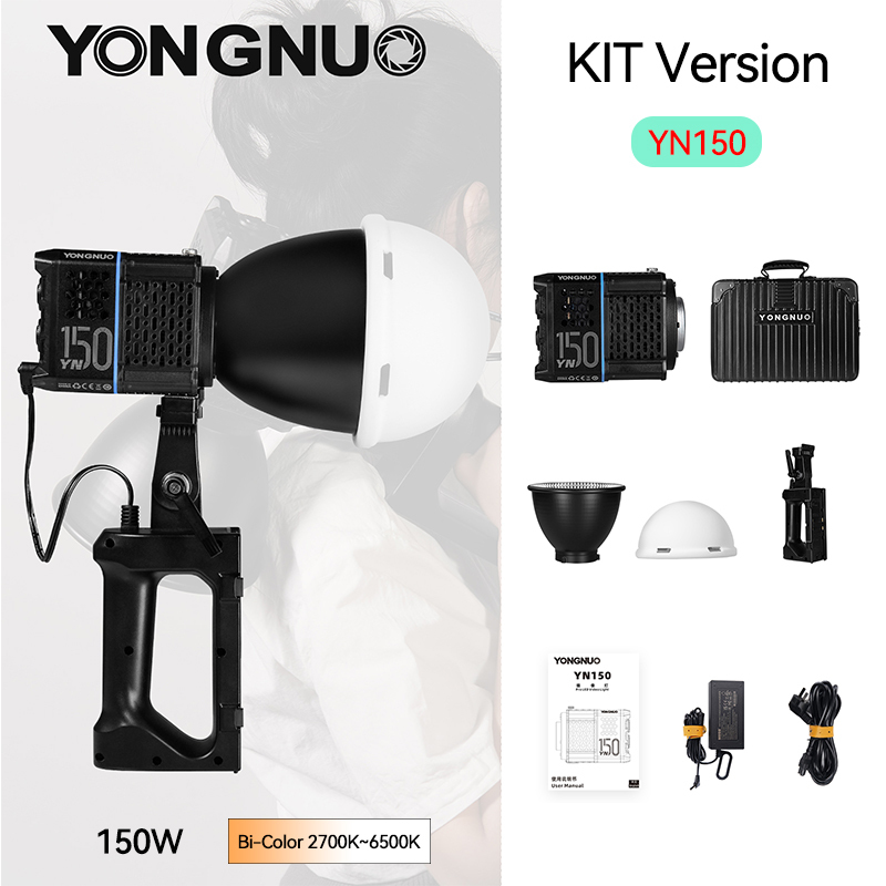YN150 Kit Version，Constant 150W Handheld Bi-Color Video Light, mini Bowens Mount ,  2700K~6500K, Remote Control Mobile APP