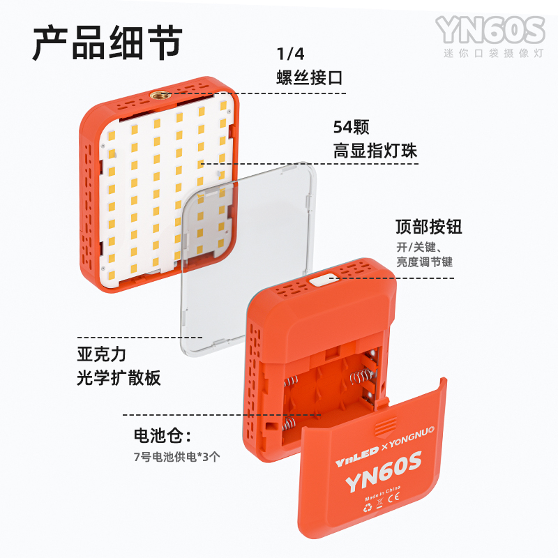 YN60S Pocket Light – 3-Level Brightness, High CRI≥95, 3.8W LED Light