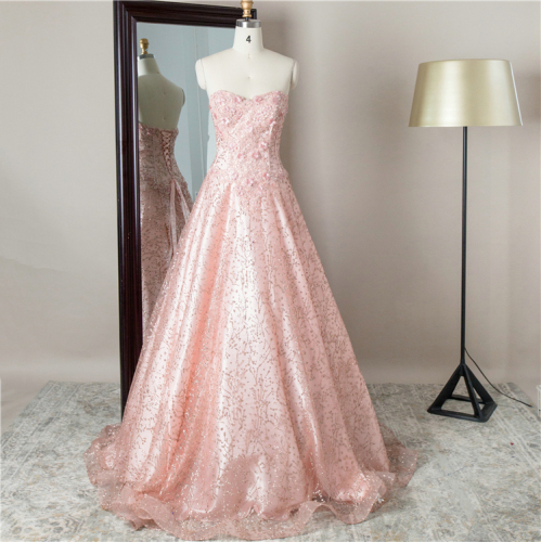 Wholesale high quality fancy sweep train handmade strapless beading flowers ladies prom dress