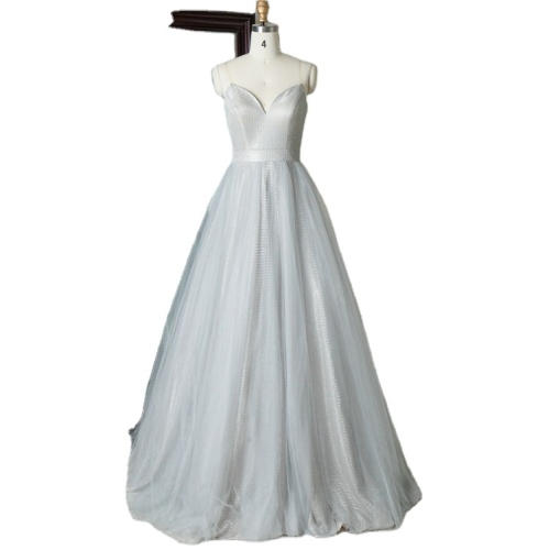 Wholesale scoop neckline tulle embroidery long blue elegant evening prom dresses