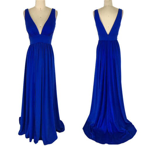 Good Stretch Jersey Fabric Deep V Neck Sexy Back A Line Skirt High Slit Bridesmaid Dress