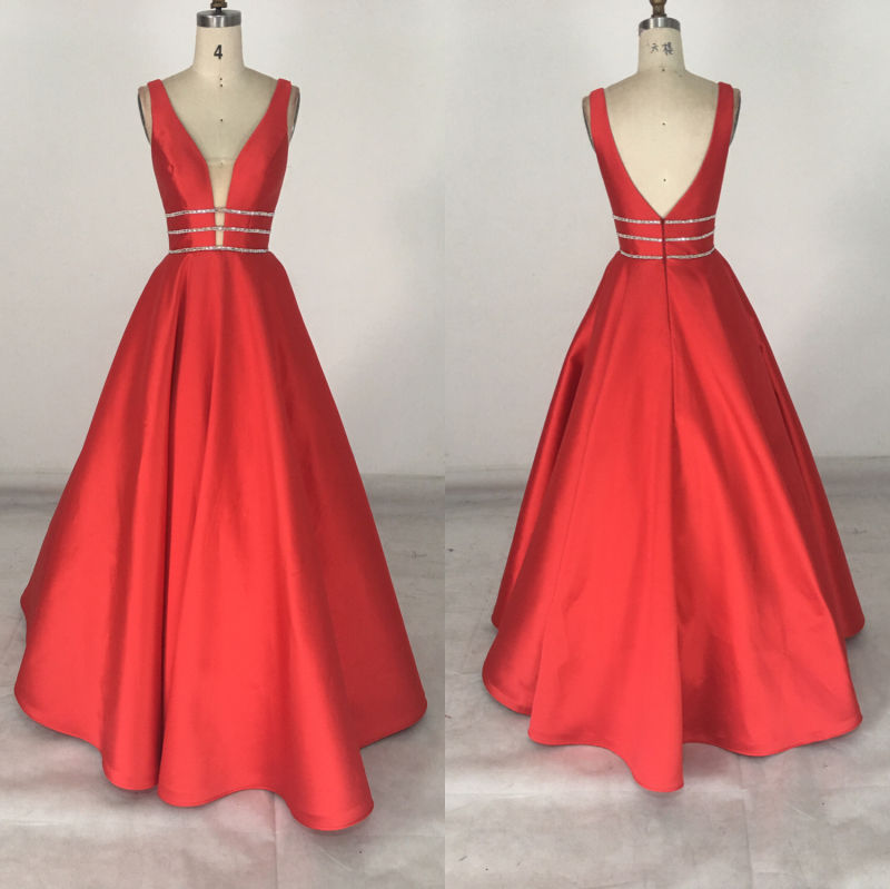 Red taffeta Spaghetti Strap 3 Lines Rhinestones Belts Deep V Neck A Line Princess Sexy Back Mikado Prom Dress
