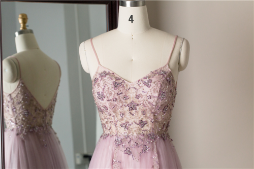 Pink sweetheart hand beading pattern V back Floor length A line princess tulle prom dresses