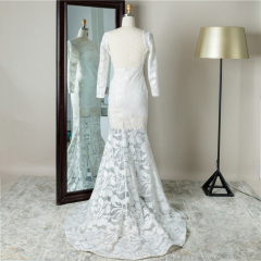 Wholesale tulle backless mermaid floral white long sleeves evening dress