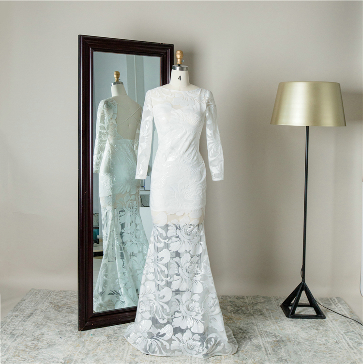 Wholesale tulle backless mermaid floral white long sleeves evening dress