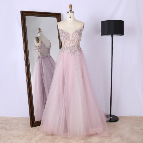 Mauve hand beading high quality deep V back sleeveless princess tulle prom dresses